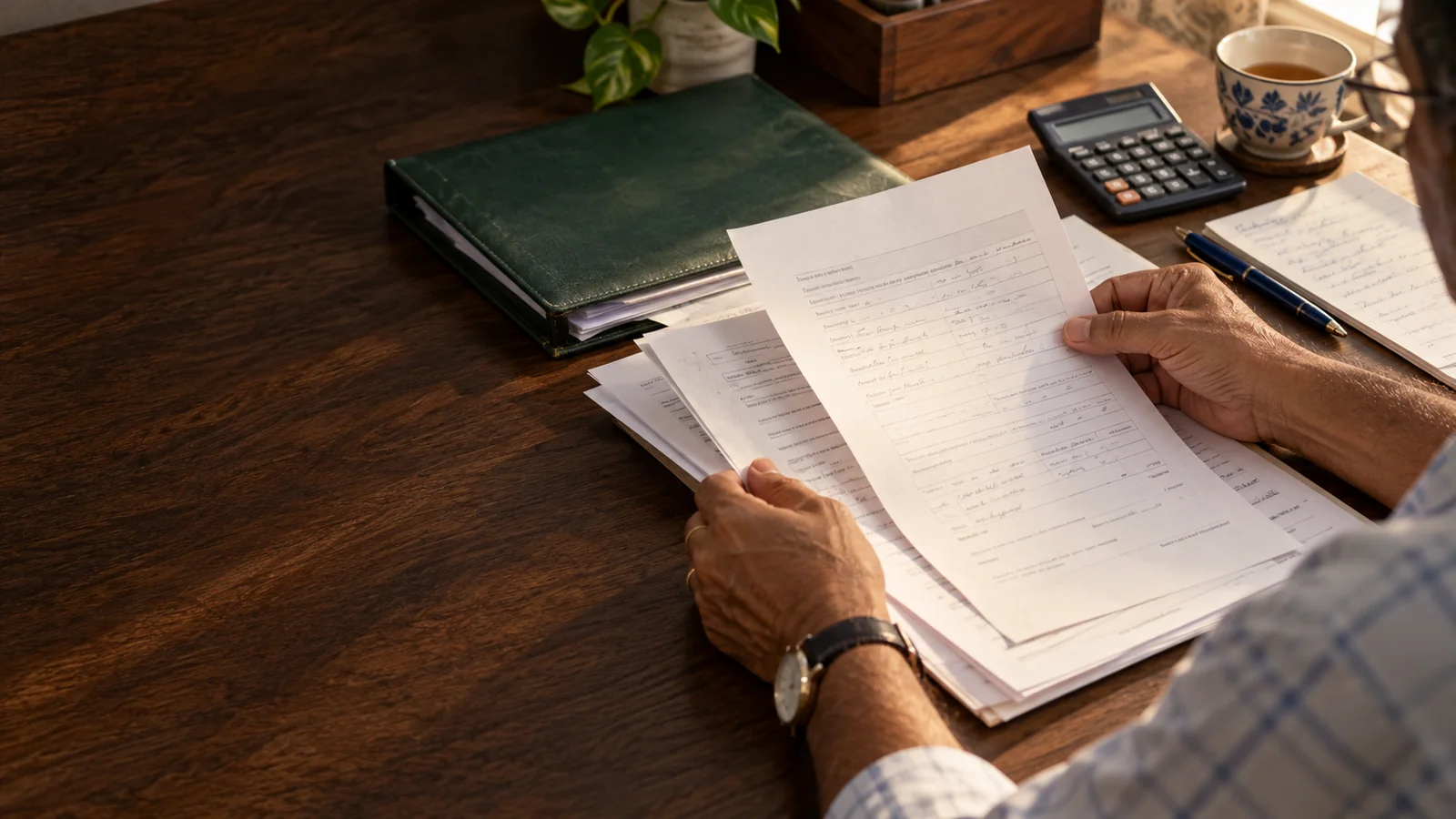 Illustrative pension documents being reviewed before an overseas transfer charge calculation